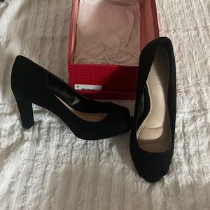 Black suede peep toe pump